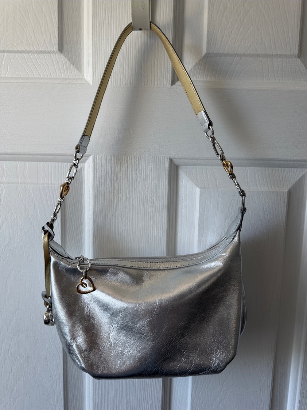 Brighton Silver Leather Shoulder Bag with Gold Accent Charm